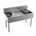 Stainless steel kitchen prep table with various compartments on a white background