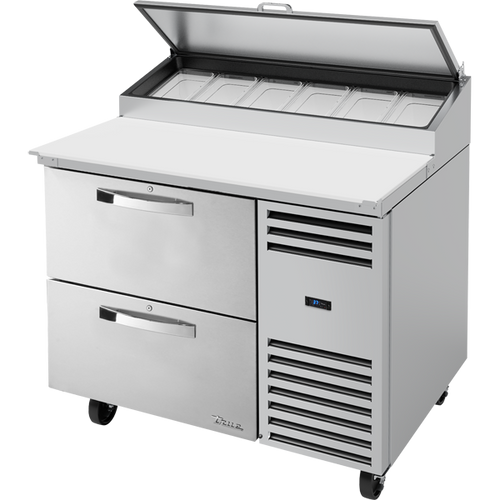 True TPP-AT-44D-2-HC~SPEC3 Solid Drawers Pizza Prep Table with Angled Top and Hydrocarbon Refrigerant~Spec Package 3