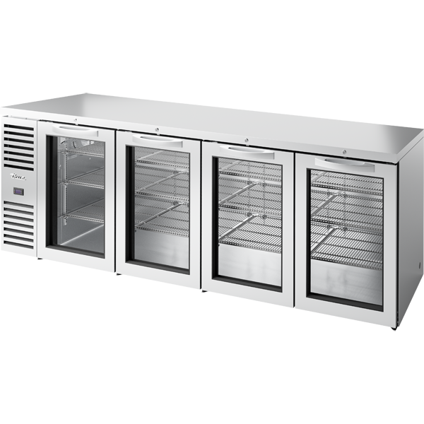 True TBR108-RISZ1-L-S-GGGG-1 Reach-In Single Zone Refrigerator with Left Side Refrigeration System. Stainless Exterior and Glass Swing Doors