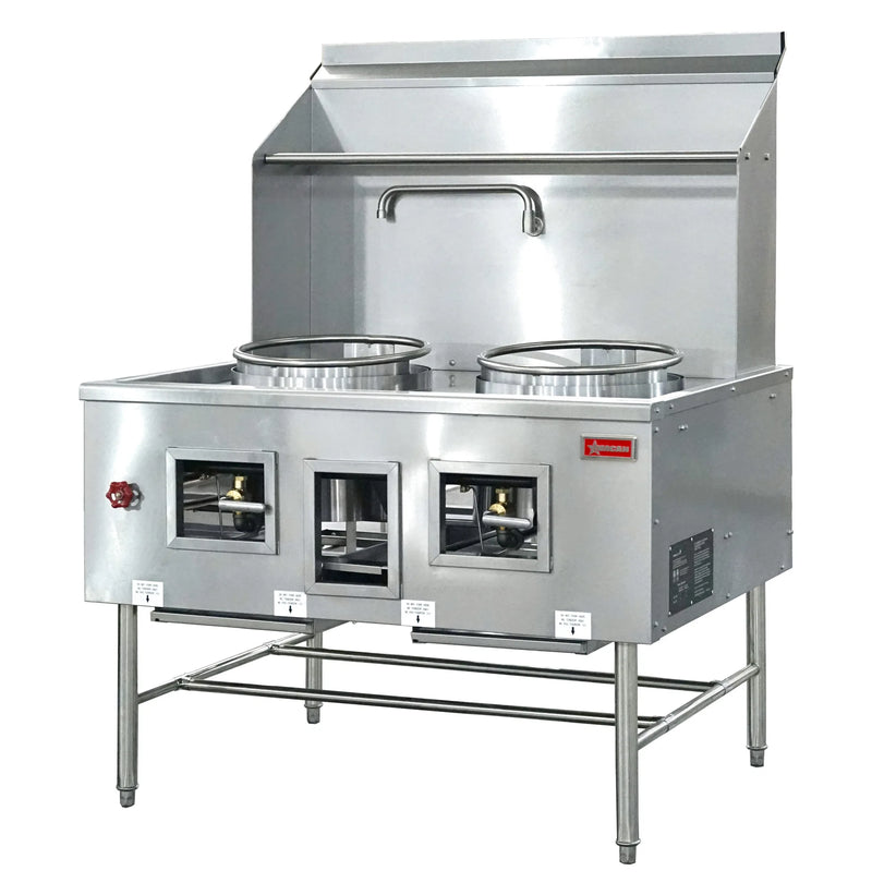 Omcan CE-CN-W2L2-NG two chamber natural gas wok range with two 16-inch rings