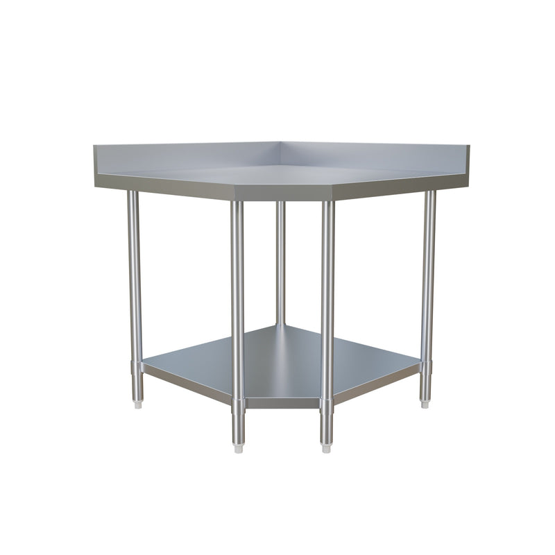 Omcan Corner Worktable with 4" Backsplash & Galvanized Undershelf