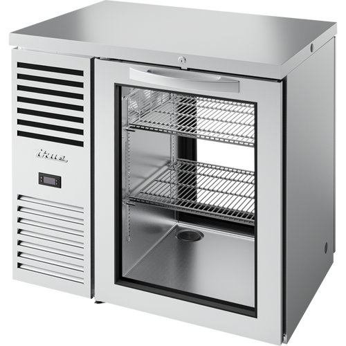 True TBR36-PTSZ1-L-S-G-G-1 Pass-Thru Single Zone Refrigerator with Left Side Refrigeration System. Stainless Exterior and Glass Swing Doors