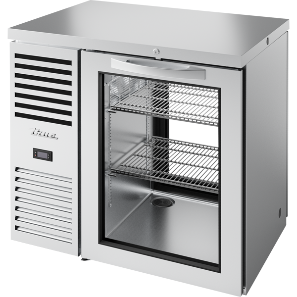 True TBR36-PTSZ1-L-S-G-G-1 Pass-Thru Single Zone Refrigerator with Left Side Refrigeration System. Stainless Exterior and Glass Swing Doors