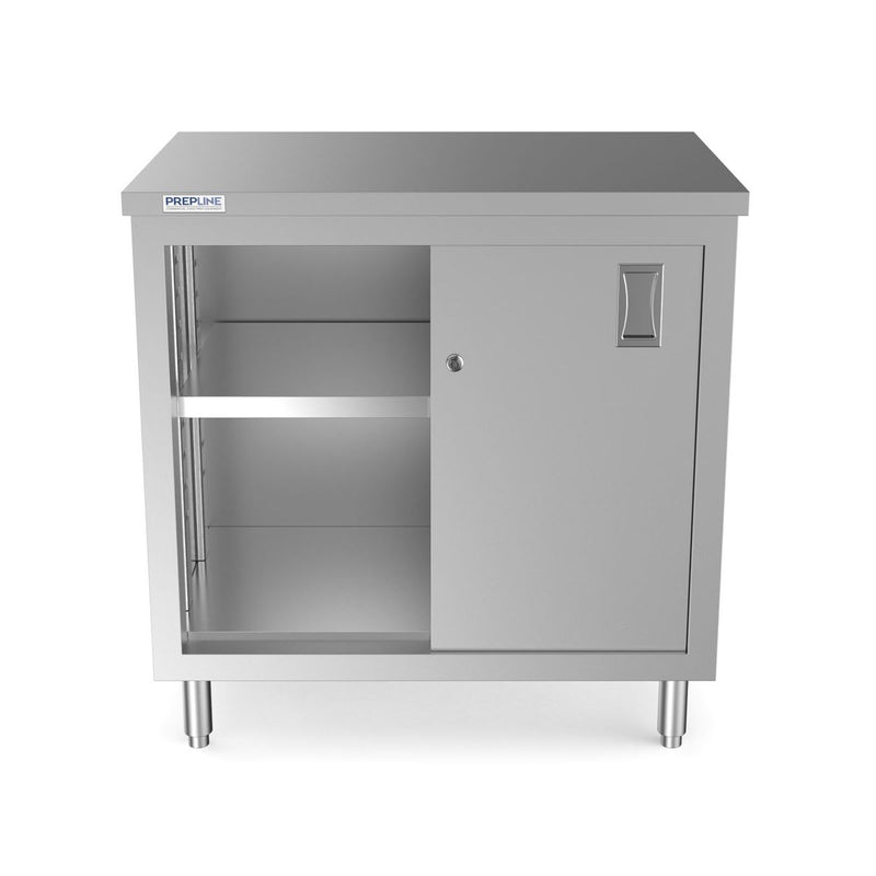 Prepline PC-2436 24 x 36 inch enclosed base work table with sliding doors open