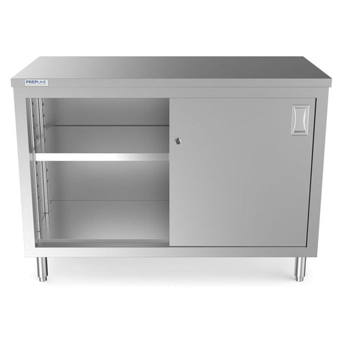 Prepline PC-2448 24 x 48 inch enclosed base work table with sliding doors open