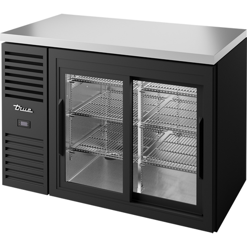 True TBR48-RISZ1-L-B-11-1 Reach-In Single Zone Refrigerator with Left Side Refrigeration System. Black Exterior and Glass Slide Doors