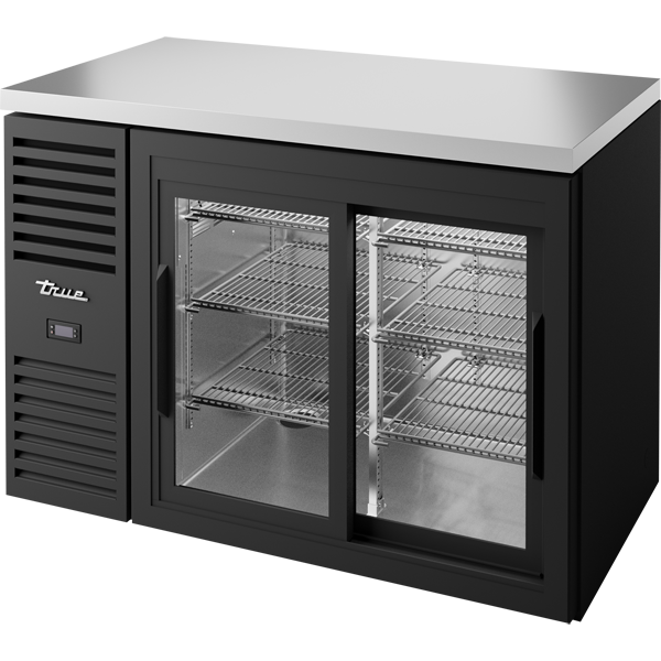 True TBR48-RISZ1-L-B-11-1 Reach-In Single Zone Refrigerator with Left Side Refrigeration System. Black Exterior and Glass Slide Doors