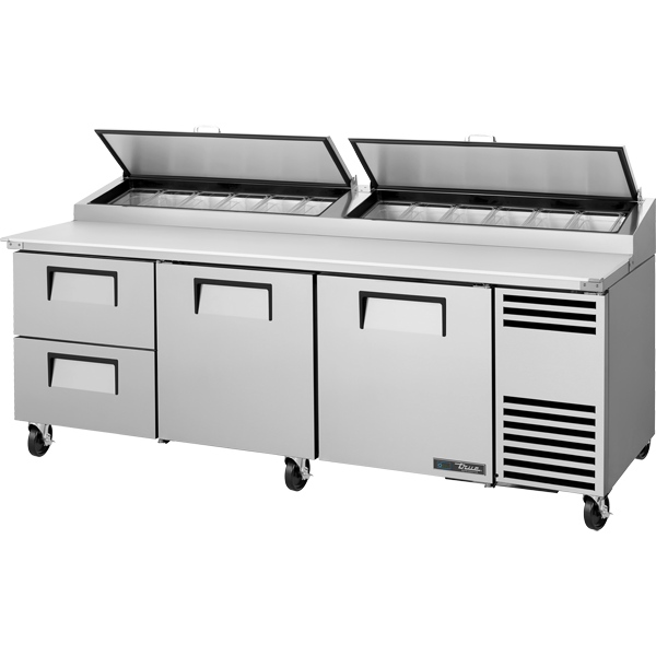 True TPP-AT2-93D-2-HC Solid Doors & Drawers Pizza Prep Table with Angled Top Version 2 and Hydrocarbon Refrigerant