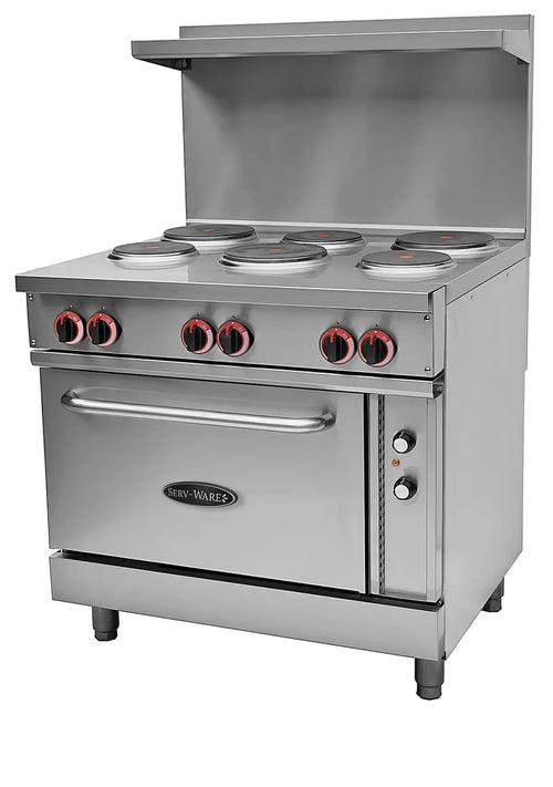 Serv-Ware SWER-36 Electric Restaurant Range – 36" 6 Burner Range with Oven, 208/240V Commercial Unit