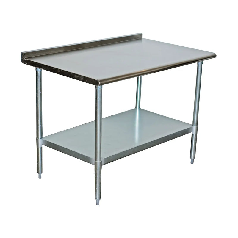 Stainless steel work table with an elevated back and lower shelf on a white background