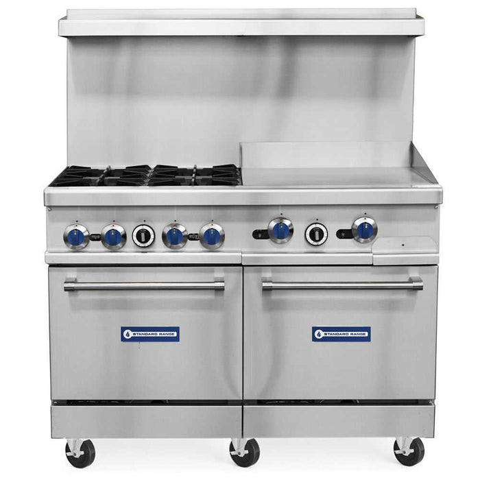Standard Range SR-R48-24MG 48-inch natural gas range with four burners, 24-inch griddle, and two ovens