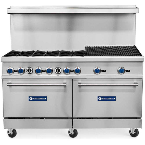 Standard Range SR-R60-24CB 60-inch natural gas range with six burners, 24-inch charbroiler, and two ovens