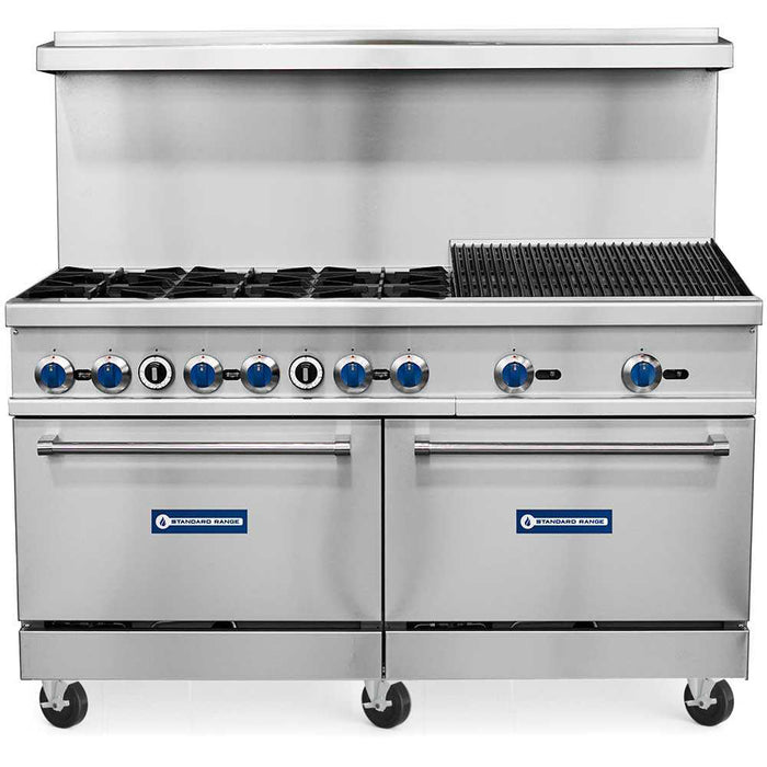 Standard Range SR-R60-24CB 60-inch natural gas range with six burners, 24-inch charbroiler, and two ovens