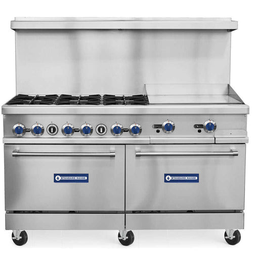 Standard Range SR-R60-24MG 60-inch natural gas range with six burners, 24-inch griddle, and two ovens