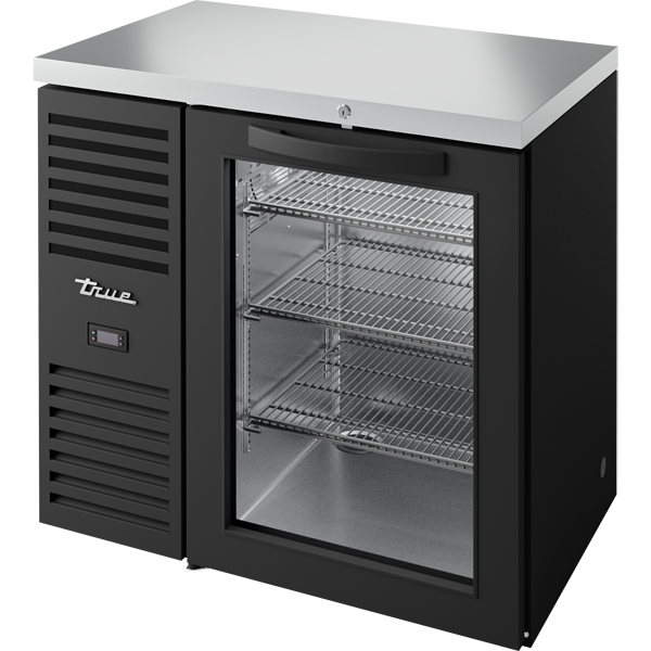 True TBR36-RISZ1-L-B-G-1 Reach-In Single Zone Refrigerator with Left Side Refrigeration System. Black Exterior and Glass Swing Doors