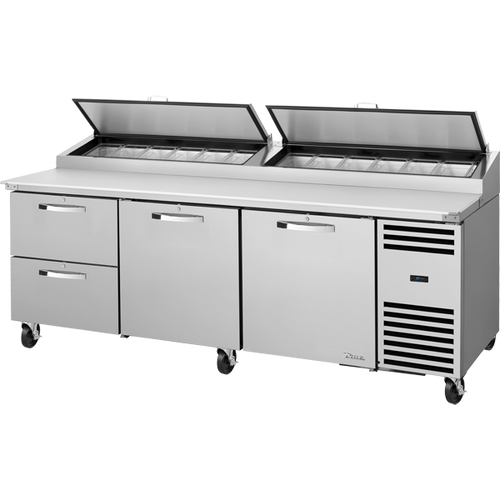 True TPP-AT2-93D-2-HC~SPEC3 Solid Doors & Drawers Pizza Prep Table with Angled Top Version 2 and Hydrocarbon Refrigerant~Spec Package 3