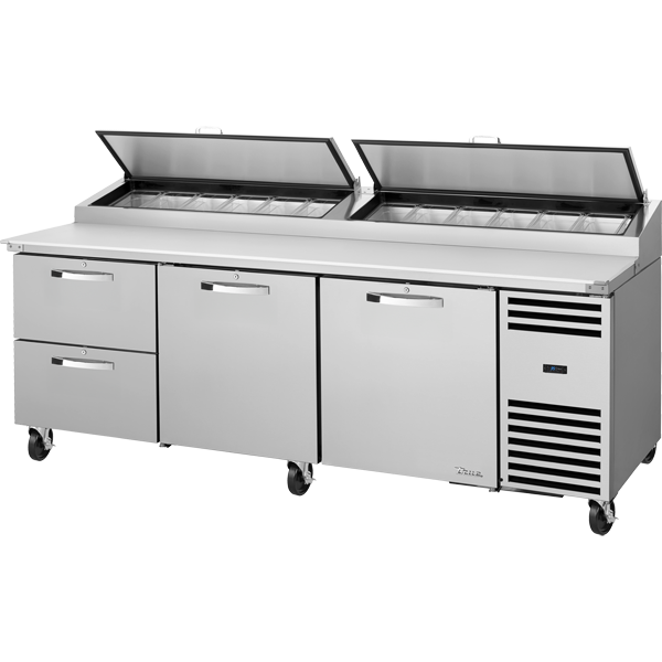 True TPP-AT2-93D-2-HC~SPEC3 Solid Doors & Drawers Pizza Prep Table with Angled Top Version 2 and Hydrocarbon Refrigerant~Spec Package 3