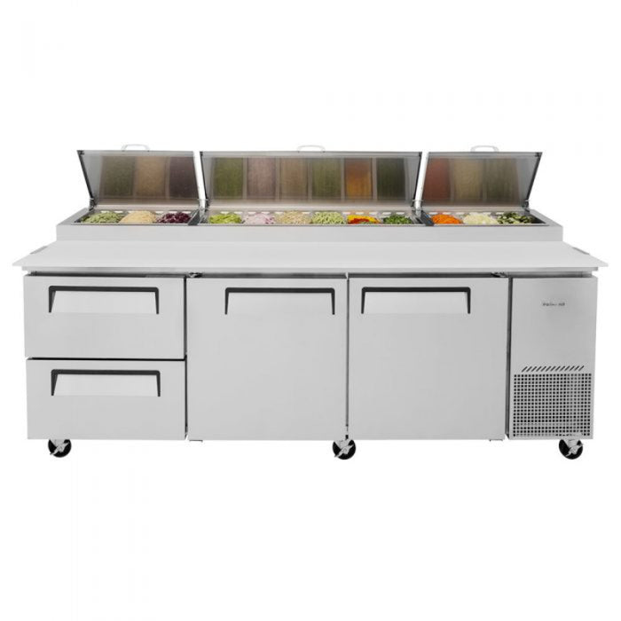 Turbo Air TPR-93SD-D2-N Side Mount Super Deluxe Pizza Prep Table with Three Sections 31.0 cu. ft.