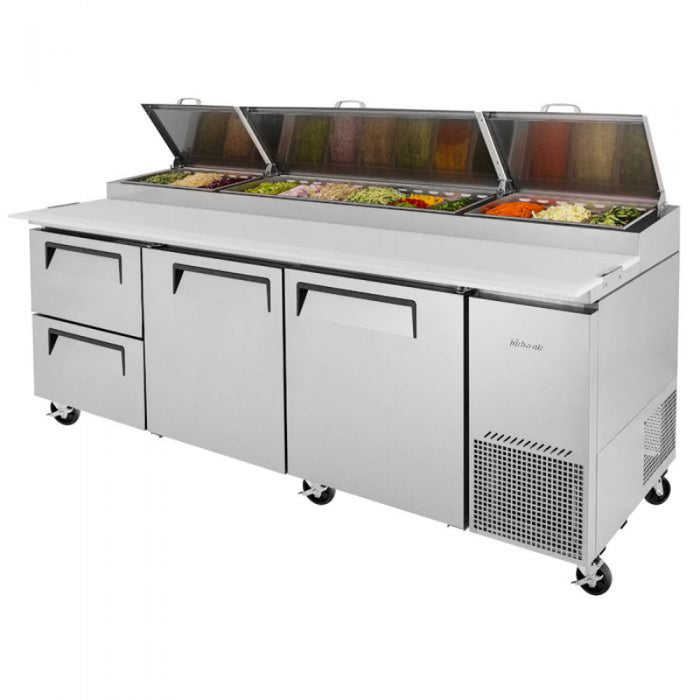 Turbo Air TPR-93SD-D2-N Side Mount Super Deluxe Pizza Prep Table with Three Sections 31.0 cu. ft.