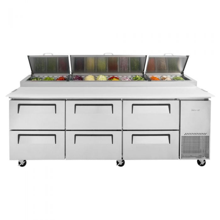 Turbo Air TPR-93SD-D6-N Side Mount Super Deluxe Pizza Prep Table with Three Sections 31.0 cu. ft.