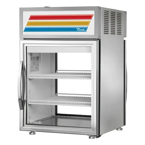 True GDM-05PT-S-HC~FGD01 24" Stainless Steel Pass-Thru Countertop Refrigerated Merchandiser – Swing Glass Doors, LED Lighting, R290 Eco Refrigerant