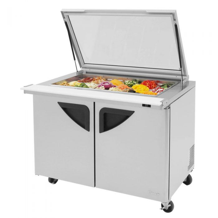 Turbo Air TST-48SD-18-N-GL Rear Mount Super Deluxe Sandwich/Salad Mega Top Unit-Glass Lid with Two Sections 15 cu. ft