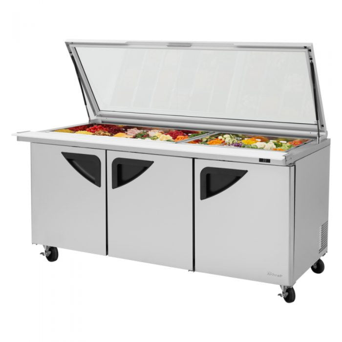 Turbo Air TST-72SD-30-N-GL Rear Mount Super Deluxe Sandwich/Salad Mega Top Unit-Glass Lids with Three Sections 23 cu. ft