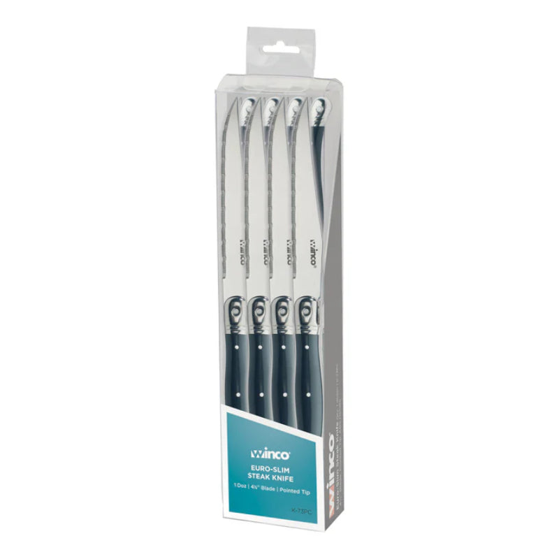 Winco K-73PC Steak Knives, 4-1/2" Blade, Pointed Tip, Euro Slim ABS Handle, Clear Pack (Price/Dozen)