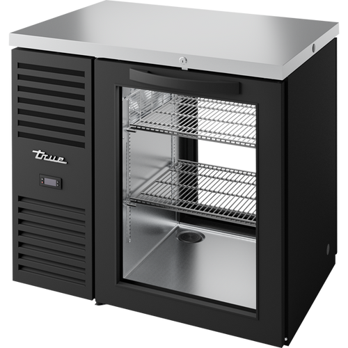 True TBR36-PTSZ1-L-B-G-G-1 Pass-Thru Single Zone Refrigerator with Left Side Refrigeration System. Black Exterior and Glass Swing Doors