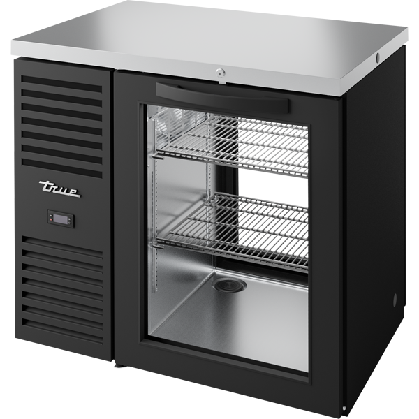 True TBR36-PTSZ1-L-B-G-G-1 Pass-Thru Single Zone Refrigerator with Left Side Refrigeration System. Black Exterior and Glass Swing Doors