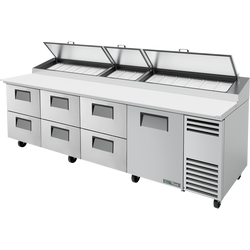 True TPP-AT-119D-6-HC Solid Door & Drawers Pizza Prep Table with Angled Top and Hydrocarbon Refrigerant