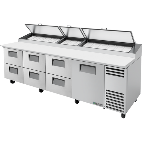 True TPP-AT-119D-6-HC Solid Door & Drawers Pizza Prep Table with Angled Top and Hydrocarbon Refrigerant