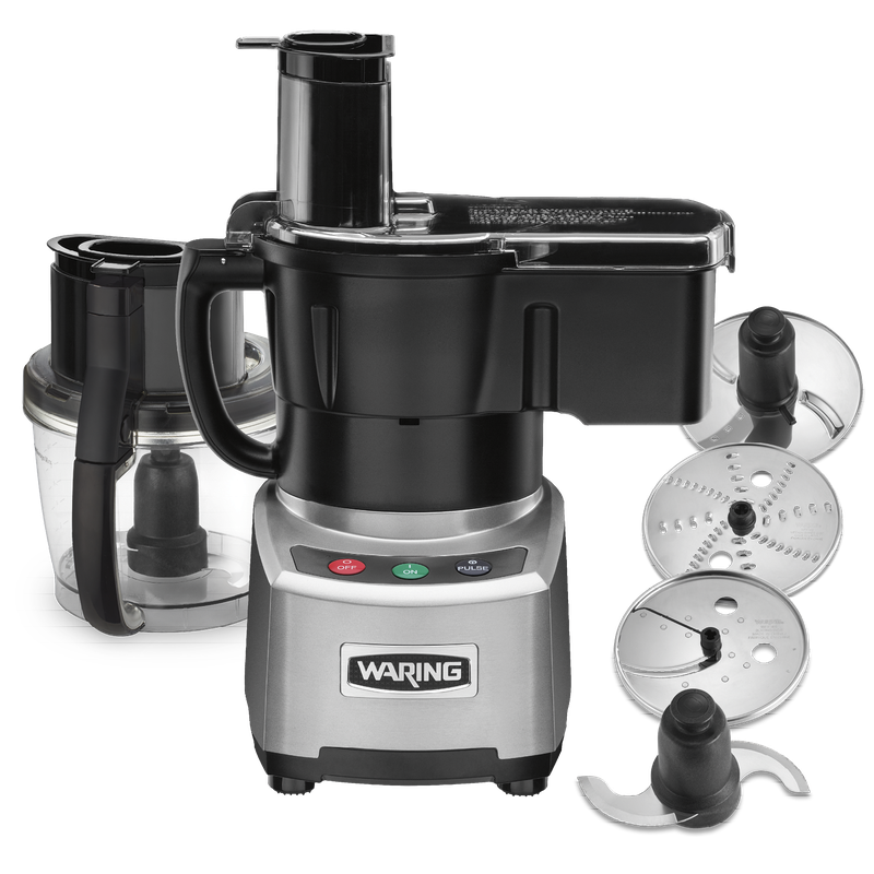 Waring WFP16SC commercial 4-quart food processor with continuous feed attachment and clear bowl