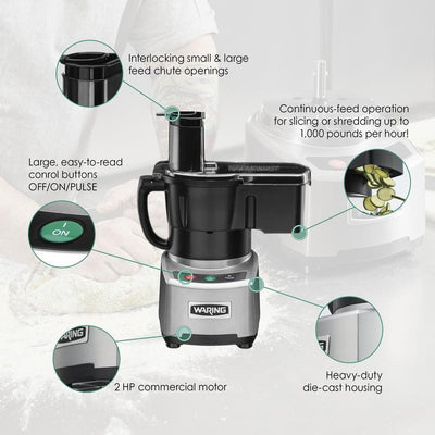 Chef dicing vegetables using Waring WFP16SCD processor in commercial kitchen setting