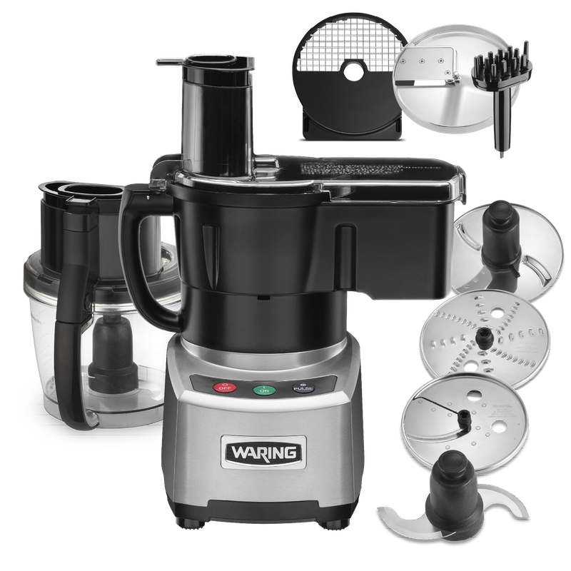 Waring WFP16SCD commercial food processor with 4-quart LiquiLock® bowl and dicing kit on stainless steel countertop.