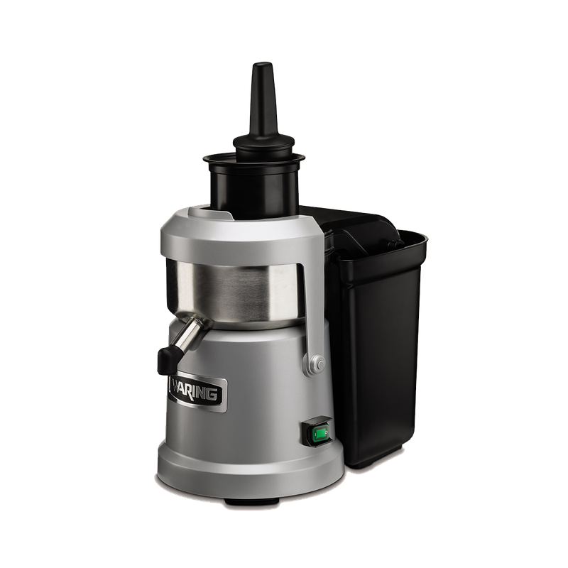 Waring WJX80 commercial juice extractor with pulp-eject system and wide feed chute on stainless steel countertop