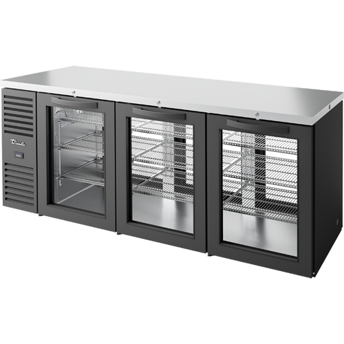 True TBR84-PTSZ1-L-B-GGG-GGG-1 Pass-Thru Single Zone Refrigerator with Left Side Refrigeration System. Black Exterior and Glass Swing Doors