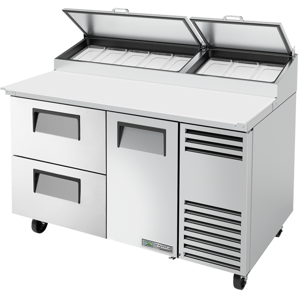 True TPP-AT-60D-2-HC Solid Door & Drawers Pizza Prep Table with Angled Top and Hydrocarbon Refrigerant