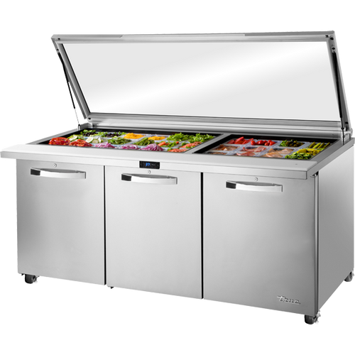 True TSSU-72-30M-B-ST-FGLID-HC~SPEC3 Mega-Top Solid Door Sandwich/Salad Unit with Flat Glass Lid with Hydrocarbon Refrigerant~Spec Package 3