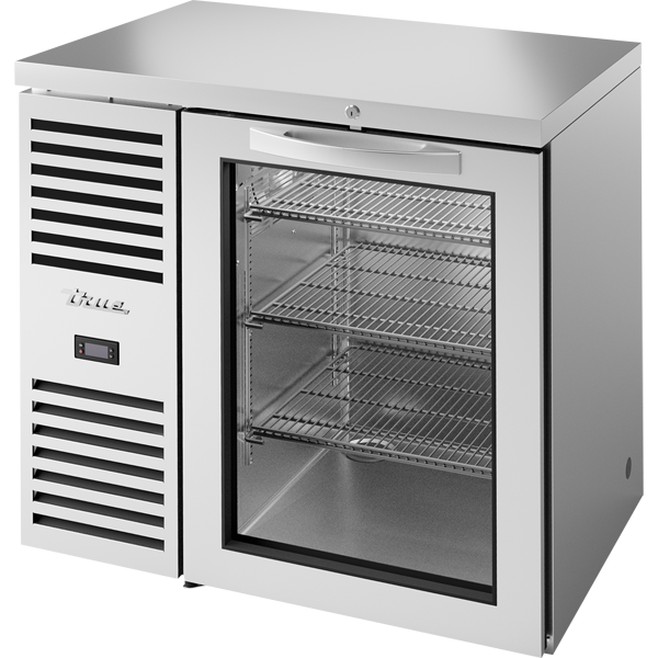 True TBR36-RISZ1-L-S-G-1 Reach-In Single Zone Refrigerator with Left Side Refrigeration System. Stainless Exterior and Glass Swing Doors