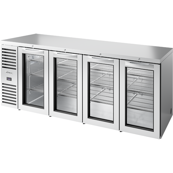 True TBR92-RISZ1-L-S-GGGG-1 Reach-In Single Zone Refrigerator with Left Side Refrigeration System. Stainless Exterior and Glass Swing Doors