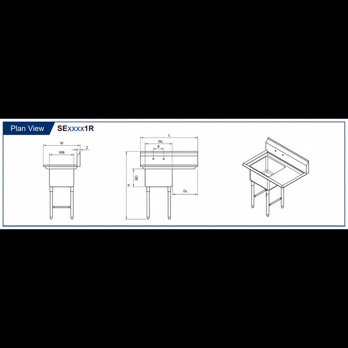 GSW 1 Compartment Sink - Right Drain Board