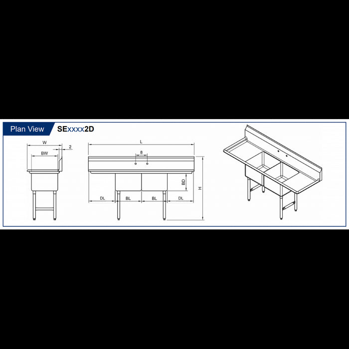 GSW 2 Compartment Sink - 2 Drain Boards