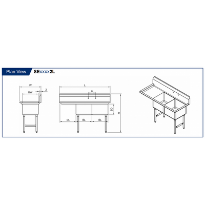 GSW 2 Compartment Sink - Left Drain Board