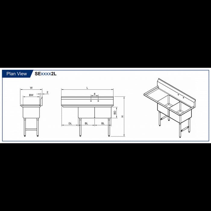 GSW 2 Compartment Sink - Left Drain Board