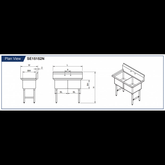 GSW 2 Compartment Sink - No Drain Board