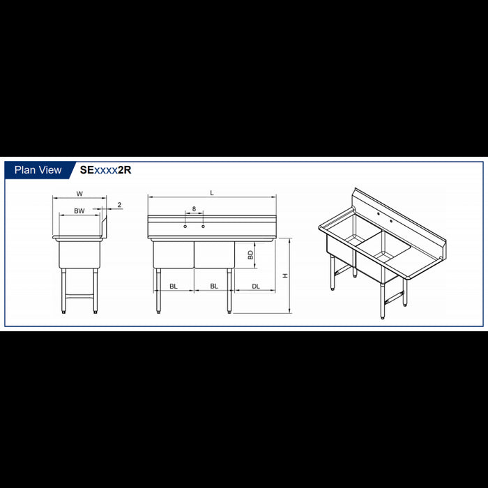 GSW 2 Compartment Sink - Right Drain Board