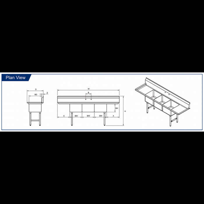 GSW 3 Compartment Sink - 2 Drain Boards