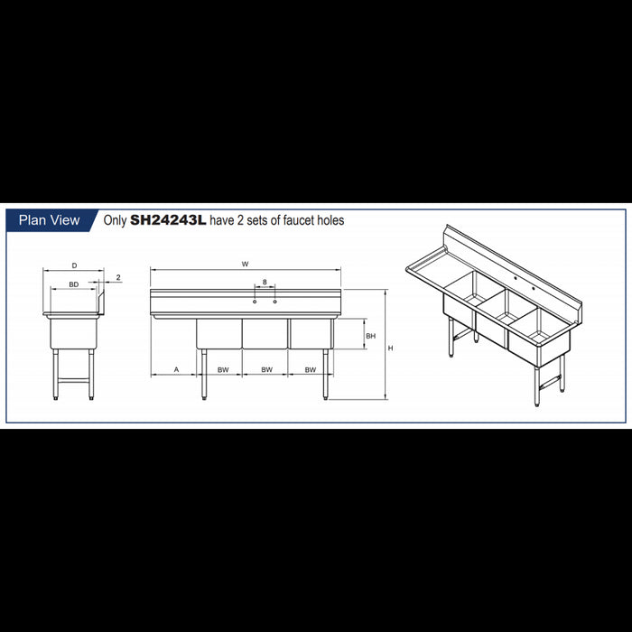 GSW 3 Compartment Sink - Left Drain Board