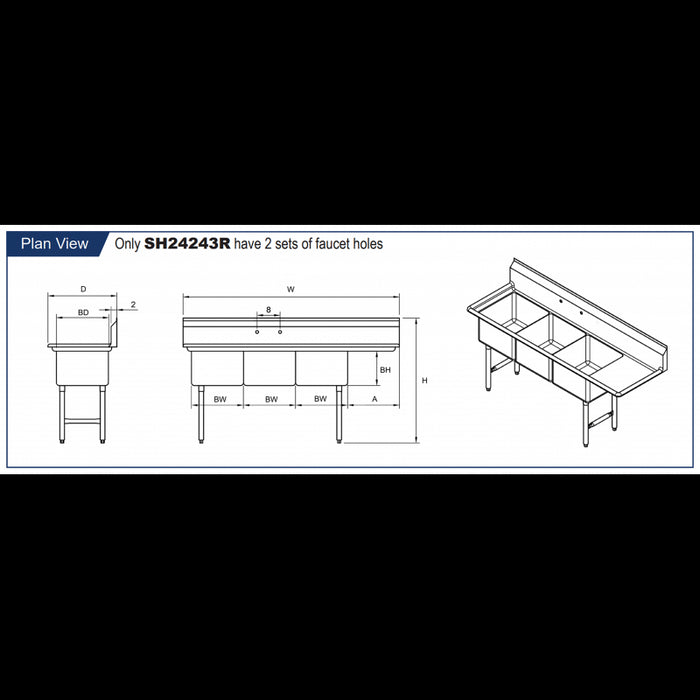 GSW 3 Compartment Sink - Right Drain Board